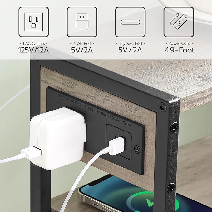 HOOBRO Small Narrow Side Table with Charging Station, Skinny End Table for Small Spaces, Slim Nightstand with USB Ports Outlet, Sofa Beside Table with Storage Shelf, Greige and Black BG102UBZ01