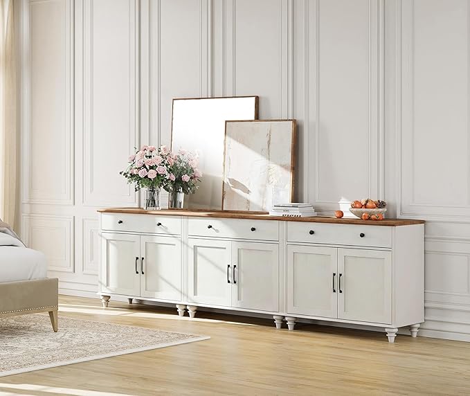 WAMAPT Buffet Cabinet with 6 Doors and 3 Drawers, Large Coffee Bar Table Wood Kitchen Storage Cabinets, Modern Farmhouse Sideboard Credenza for Dining Room, White, 101 inch
