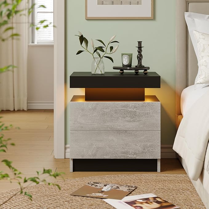 LED Nightstand Bedside Drawer Led Cabinet LED Lights Modern End Side Table with 2 Drawers for Bedroom Grey