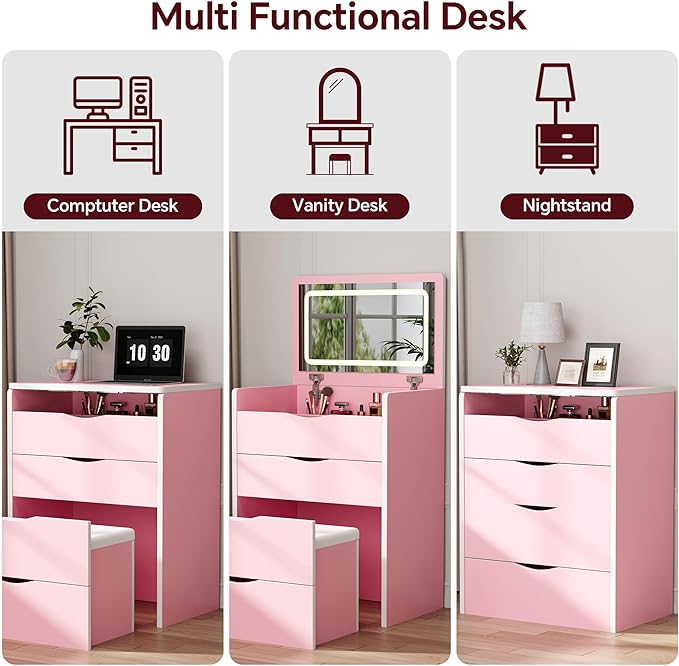 Mr IRONSTONE Compact Vanity Desk with Mirror and Lights, Hidden Makeup Vanity Cabinet with Storage Drawers & Shelves, Small Vanity Table for Bedroom, Flip Top Vanity for Small Spaces, Pink
