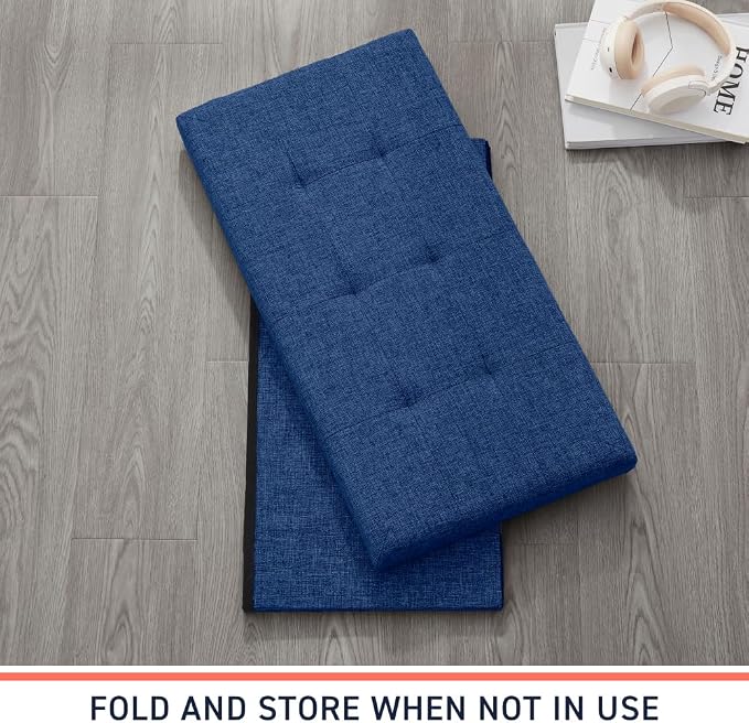 Ornavo Home Folding Storage Ottoman, 30 Inch Large Storage Bench with Lid, Foot Rest Stool for Bedroom, Living Room, Entryway, Tufted Linen Upholstered - Navy Blue