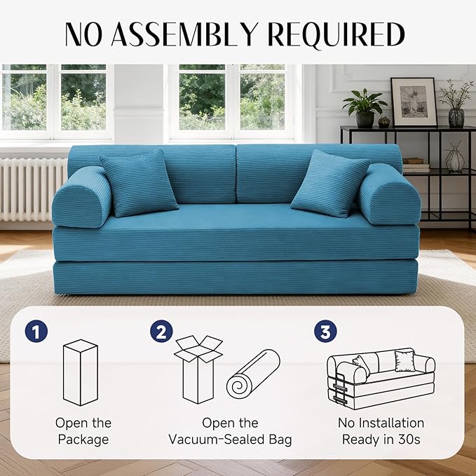 78.8" Convertible Sofa Bed with Detachable Arm Pillow, 6-in-1 Sectional Couches for Living Room, Corduroy Boneless Couch, Sleeper Loveseat Couch Bed, No Assembly, Azure Couch