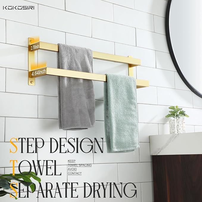 KOKOSIRI Bath Towel Bars Bathroom 2-Tiers Ladder Brushed Gold Towel Rails 24 Inches Towel Holders Wall Mounted Towels Shelves Rack Stainless Steel, B5008BG-L24