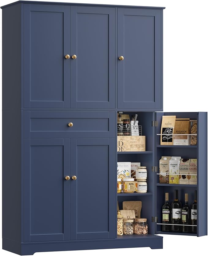 HOSTACK 68" Tall Kitchen Pantry Storage Cabinet, Modern Kitchen Hutch Cabinet with Doors and Shelves, Freestanding Food Pantry with Large Storage Drawer for Dining Room, Living Room, Navy Blue