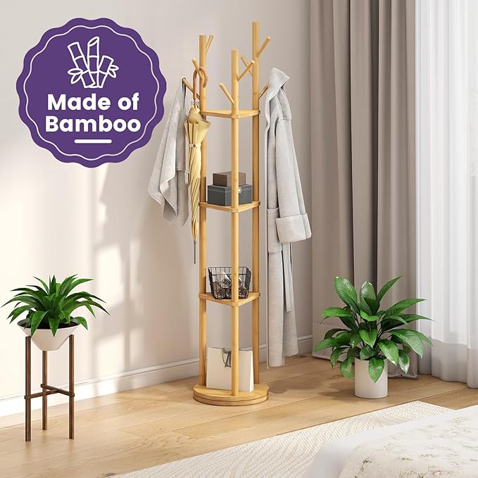 Rotating Coat Rack, Freestanding Coat Rack with 3 Shelves and 9 Hooks Clothes Organizer Coat tree for Bedroom, Entryway, Livingroom (Natural)
