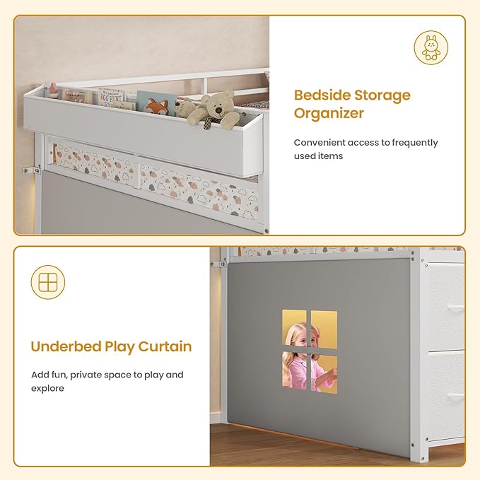 ADORNEVE Low Loft Bed Twin Size with Stairs,7 Drawers, Bookcase and LED Lights, Metal Kids Loft Bed with 14" H Safety Guardrail,Inclined Ladder and Play Curtain, Under-Bed Play Space, White