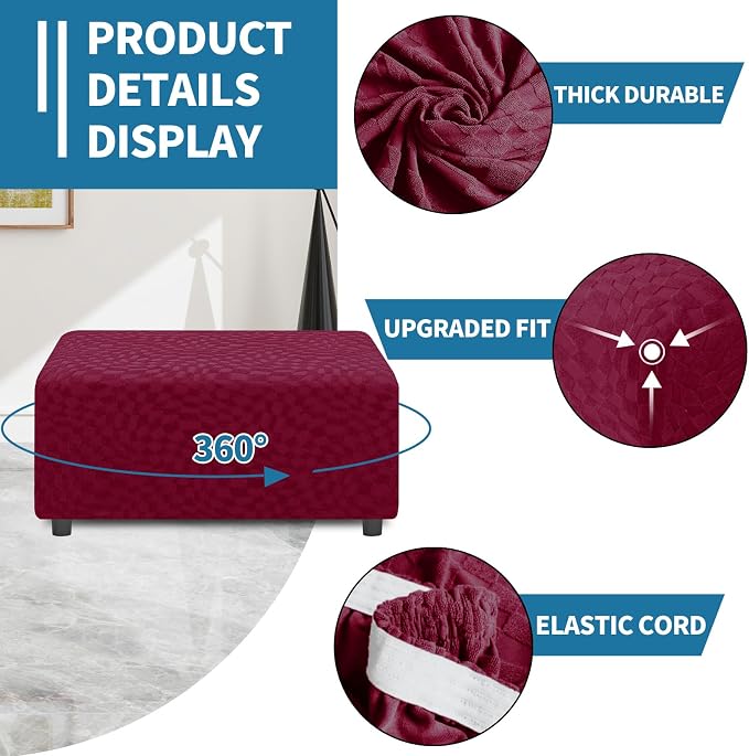 ZNSAYOTX 2026 Rectangle Ottoman Cover (L:57"-75") Super Stretch Soft Footrest Slipcover Form Fit, Universal Folding Foot Stool Covers with Non-Slip Elastic Band, Fashion Jacquard Texture, Wine Red
