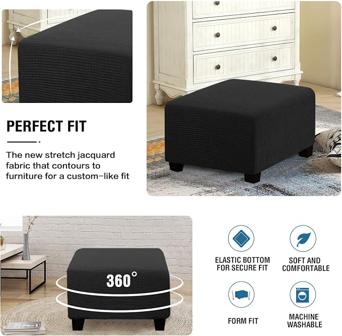 H.VERSAILTEX Square Ottoman Covers Ottoman Slipcovers Folding Storage Stool Furniture Protector Form Fit with Elastic Bottom, Stretch High Spandex Small Checks Jacquard Fabric(Large,Black)