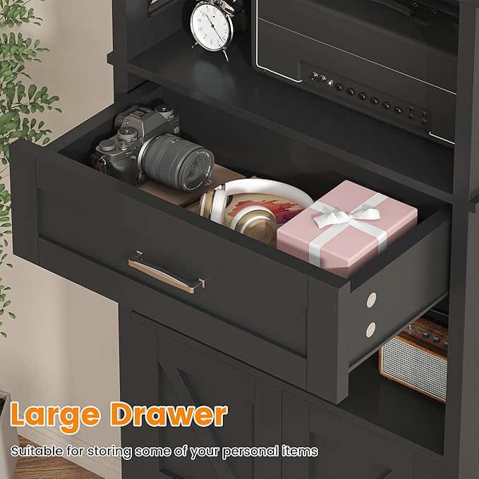 Saudism Farmhouse Black Storage Cabinet with Doors and Drawers, Freestanding Kitchen Pantry Cabinet, Floor Storage Cabinet Hutch Cupboard for Kitchen/Laundry/Living Room (Black)