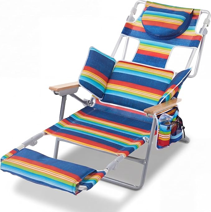 5-Positon Backpack Beach Chair, Portable Folding Tanning Chair, Double Shoulder Straps Beach Lounge Chair with Footrest, Face Hole, Towel Bar (Red Blue, 60.6" (Set of 2))