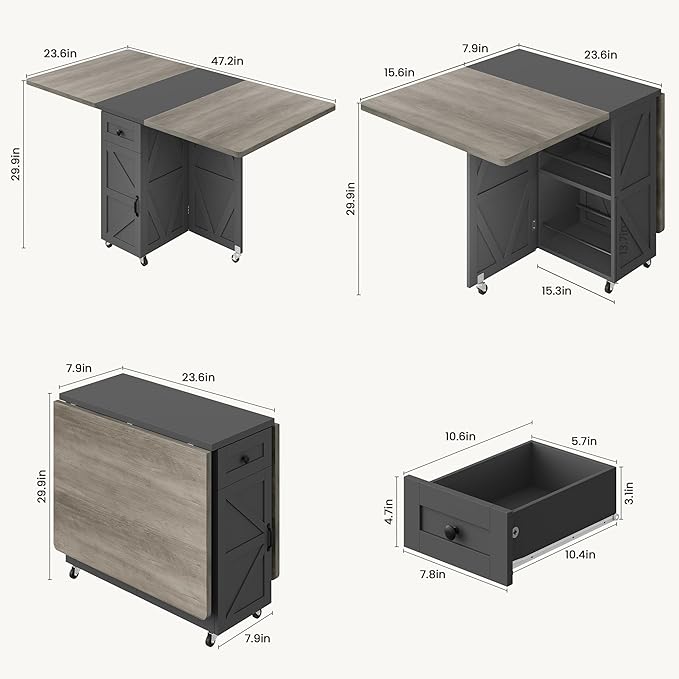 Jocoevol Folding Dining Table for Small Spaces, Space Saving Foldable Kitchen Table with Drawer & Storage Shelf, Rolling Drop Leaf Dining Table with Wheels for Dining Room (Grey 47.2" x 23.6" x 29.5")