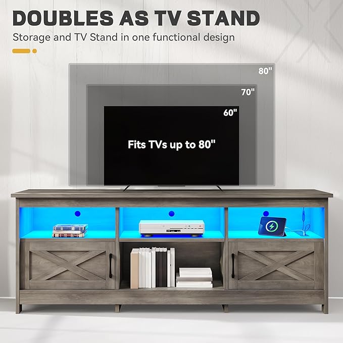 YITAHOME TV Stand for 80/75/70 Inch TVs, Farmhouse Entertainment Center with LED Lights & Storage Cabinets, Open Shelves & Adjustable Shelf, TV Consoles for Living Room, Washed Gray