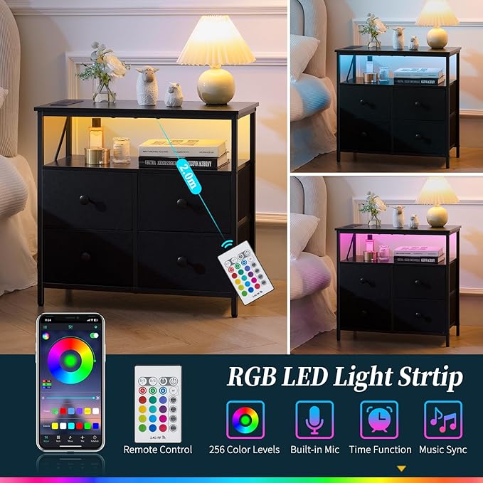 Yoobure Night Stand with Charge Station, Nightstand with 4 Drawers Bedside Table, LED Dresser with Storage Shelf, Night Stands for Bedroom, Side Table 3-Tier Wood End Table for Home, Office Black