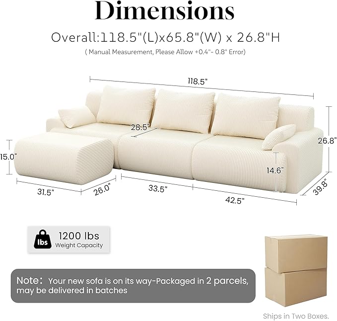 GRUSIGN 118'' Sectional Boneless Oversize Modular Couches, Curved Cloud Sectional Couches for Living Room,Rounded Corner Design L Shape Deep Seat Family Sofa with Ottoman & 3 Throw Pillows, Beige