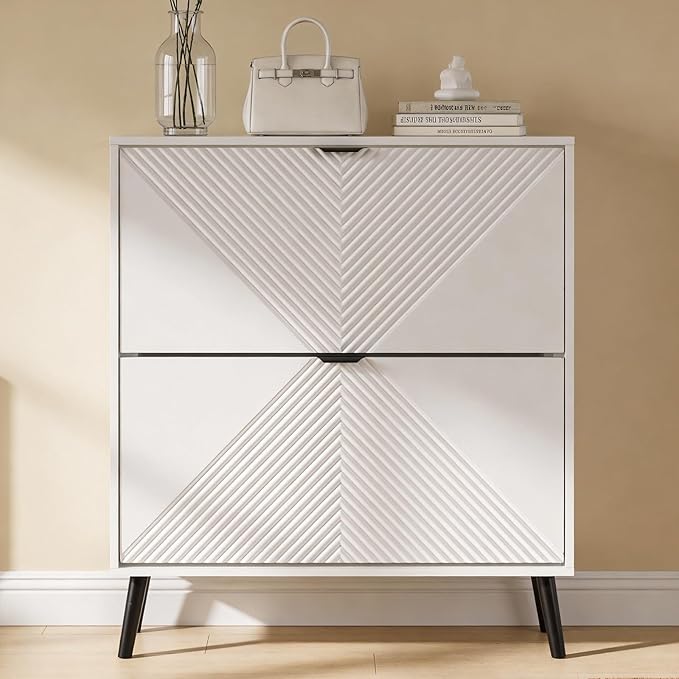 oakvivo Shoe Cabinet Storage, Farmhouse Freestanding Organizer with 2 Flip Drawers and 4 Wooden feet, Narrow Shoe Rack Cabinet for Entryway, Foyer, Hallway, White