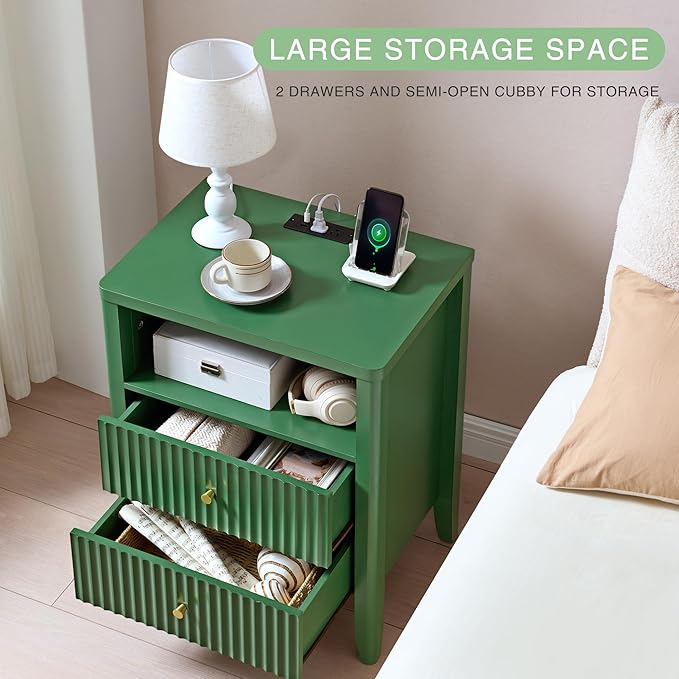 Fluted Nightstand with Charging Station, 21" Wide Modern Bedside Table with 2 Drawers & Open Shelf, Wood End Table with Storage & Metal Handle for Bedroom, Living Room, Small Spaces, Green