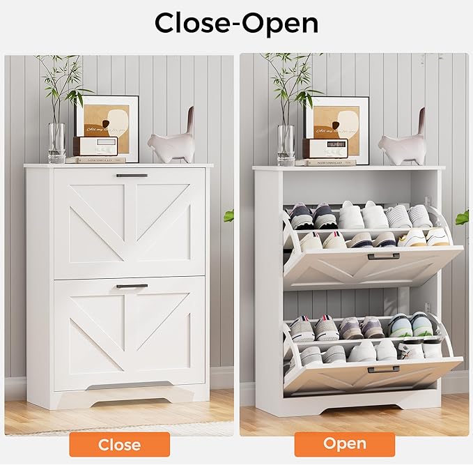Homleke Farmhouse Shoe Cabinet for Entryway with 2 Barn-Style Flip Drawers, Narrow Shoe Storage Organizer with Top Display Shelf, Adjustable Shelves, Shoe Rack for Hallway, Closet- (White, 24" Wide)