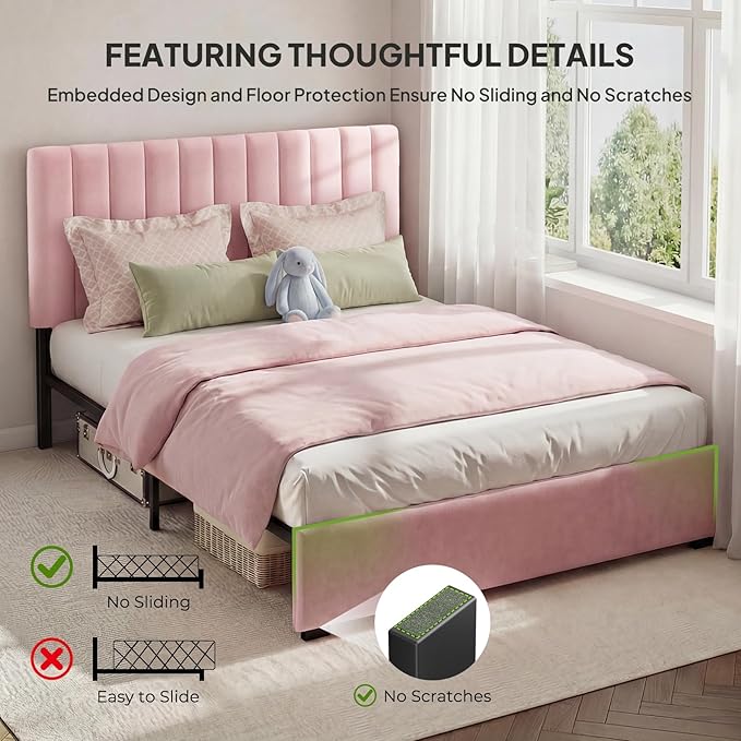 Welzona Upholstered Bed Frame Queen Size with Headboard, Velvet Vertical Channel Tufted Metal Platform Bed with 3-Level Height, Under-Bed Storage and Metal Support, Noise Free, Easy Assembly, Pink