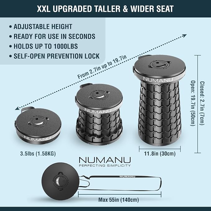 NUMANU 2PACK 2026 Upgraded XXL Collapsible Stool 19.7", 1000lbs Max Weight, Wider & Taller Pop Up Seat, Heavy Duty Portable Retractable Folding Chair or Travel Foot Rest, Gift for Camping & Outdoors