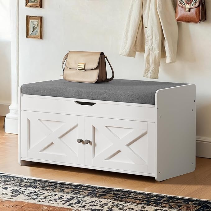 Amada Shoe Storage Bench, 31.5" Small Entryway Bench with Cushioned Seat & Lift Top Storage, 2 Door, Adjustable Shelf, 300 lbs Capacity, Bench with Shoe Rack for Entryway, Bedroom, Living Room, White