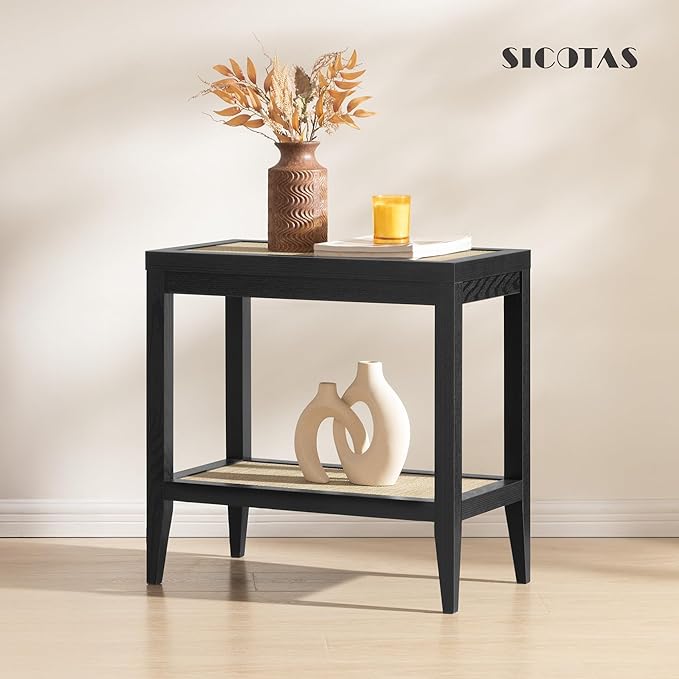 SICOTAS Rattan Nightstand Bedside Table - Farmhouse Boho Narrow Accent End Table with 2 Open Shelves for Bedroom, Living Room, Small Spaces - Black Oak