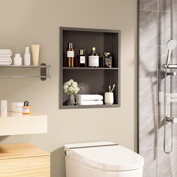 14x18 Recessed Medicine Cabinet, Bathroom Wall Cabinet, 304 Stainless Steel Recessed Wall Niche with 2-Tiers Shelves, Matte Gray