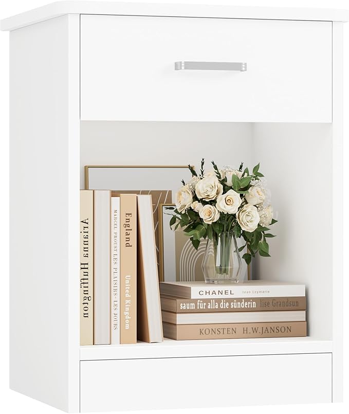 FOTOSOK Nightstand, 2-Tier Side Table with Drawer and Storage Shelf, Bedside Table End Table, Modern Night Stand for Bedroom, Home Office, White