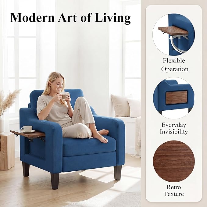 Accent Chair for Living Room, Mid-Century Upholstered Armchair with Foldable Table & 2 Side Pockets, Modern Linen Wooden Sofa Chair for Bedroom & Reading Room, Blue