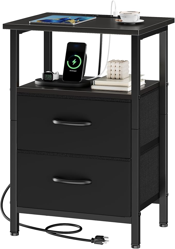 Vagusicc Nightstand with Charging Station, End Table Bedside Table with 2 Fabric Drawers, Black Night Stand with USB Ports & Outlets, 24.2" Tall Bed Side Table with Storage Shelf for Bedroom, Black