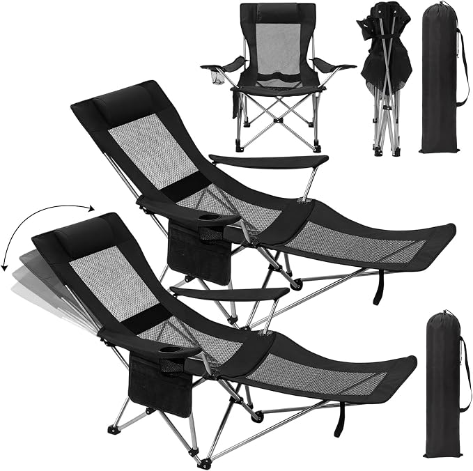 Colingmill 2 Pcs 2 in 1 Reclining Camping Chair with Footrest for Adults Folding Lounger Mesh Beach Chair Adjustable Backrest Lightweight Lawn Chairs for Camping Tailgates Outdoor Beach(Black)