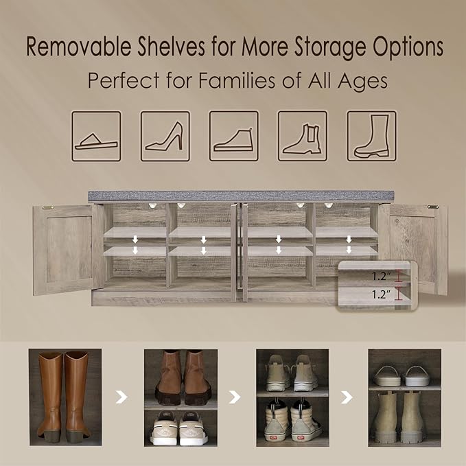 DINZI LVJ Shoe Bench, Entryway Storage Bench with Doors, Cushion, 2-Tier Shoe Rack with 8-Cubby, 47.2”L x 13.8”W Shoe Organizer Cabinet, Adjustable Shelf, Living Room, Bedroom, Gray Wash