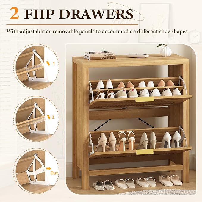 YOMILUVE Shoe Storage Cabinet for Entryway, Fluted Shoe Cabinet with 2 Flip Drawers, Hidden Shoe Rack Slim Freestanding Hidden Shoe Organizer for Foyer, Hallway, Oak