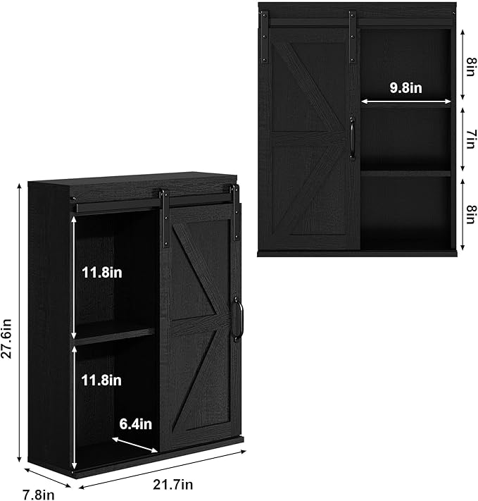 RUSTOWN Farmhouse Wood Wall Storage Bathroom Cabinet with Sliding Barn Door, Rustic Medicine Cabinet with Adjustable Shelf, 3-Tier Vintage Cabinets for Kitchen, Bathroom, Living Room (Black)