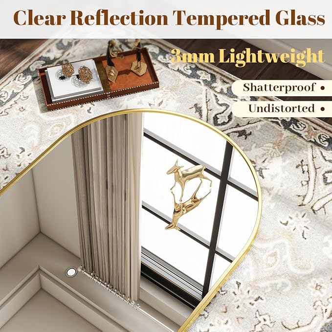 VooBang Arched Wall Mirror, 26 x 28 inch Arch Bathroom Mirror, Wall Mounted Vanity Mirror with Arch Metal Frame, Modern Bathroom Vanity Mirror for Bedroom, Living Room, Hanging or Leaning, Gold