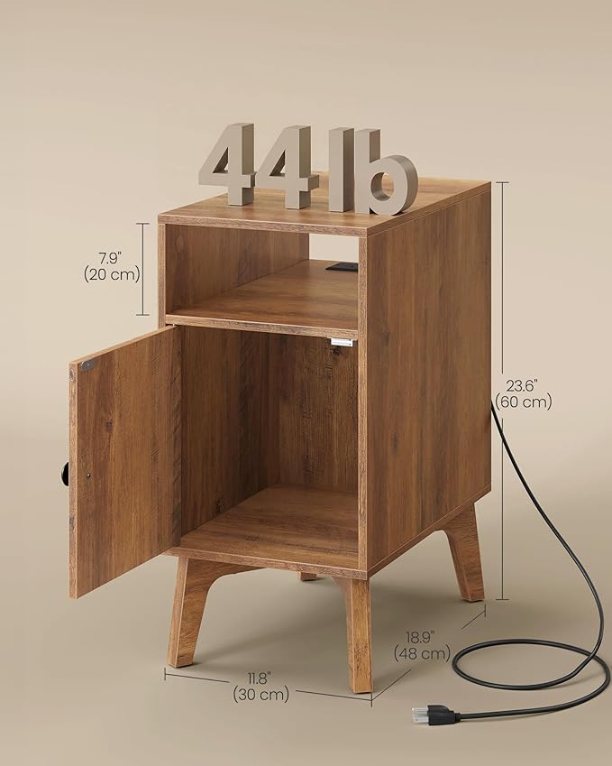 VASAGLE MAEZO Collection - End Table with Charging Station, Narrow Side Table, Nightstand with Tapered Legs, Curved Transitions, for Small Spaces, Living Room, Bedroom, Honey Brown ULET329K101S