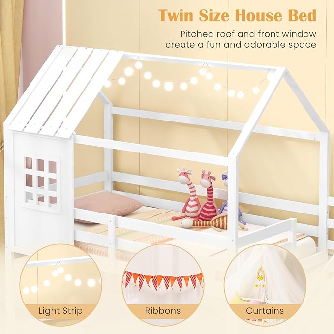 Giantex Twin Bunk Beds with Stairs, Floor House Bed with Roof & Window, Solid Wood Twin Over Twin Bunk Bed with Full-Length Guardrails and Steps, Space-Saving House Bed for Kids, Girls, Boys, White