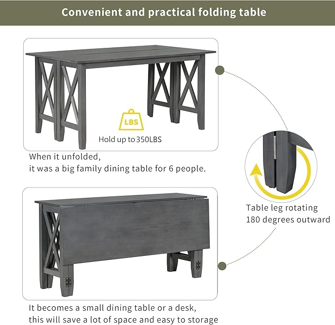 Harper & Bright Designs 6-Piece Family Dining Room Set Solid Wood Space Saving Foldable Table and 4 Chairs with Bench for Dining Room (Gray)