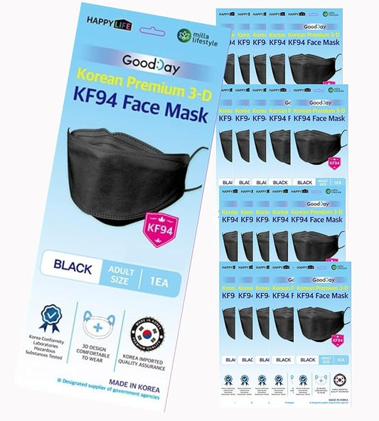 【20枚入り】韓国製 KF94 マスク 黒 4層フィルター 通気性 快適な保護 ノーズワイヤー入り 防塵マスク 韓国製