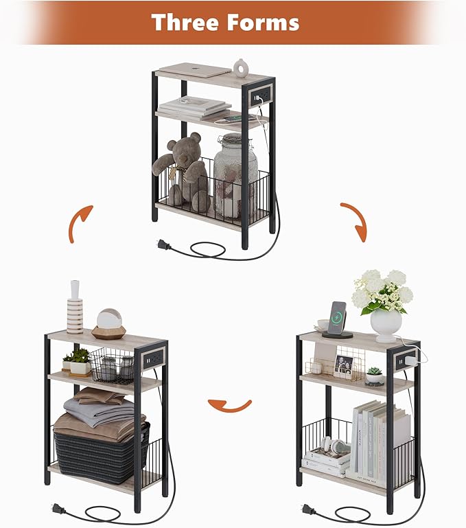 TRIFEBLE Narrow Side Table with Charging Station, Small End Table for Small Spaces, Slim Nightstand with Storage Basket, 3 Tier Skinny Bedside Table for Living Room, Bedroom, Greige