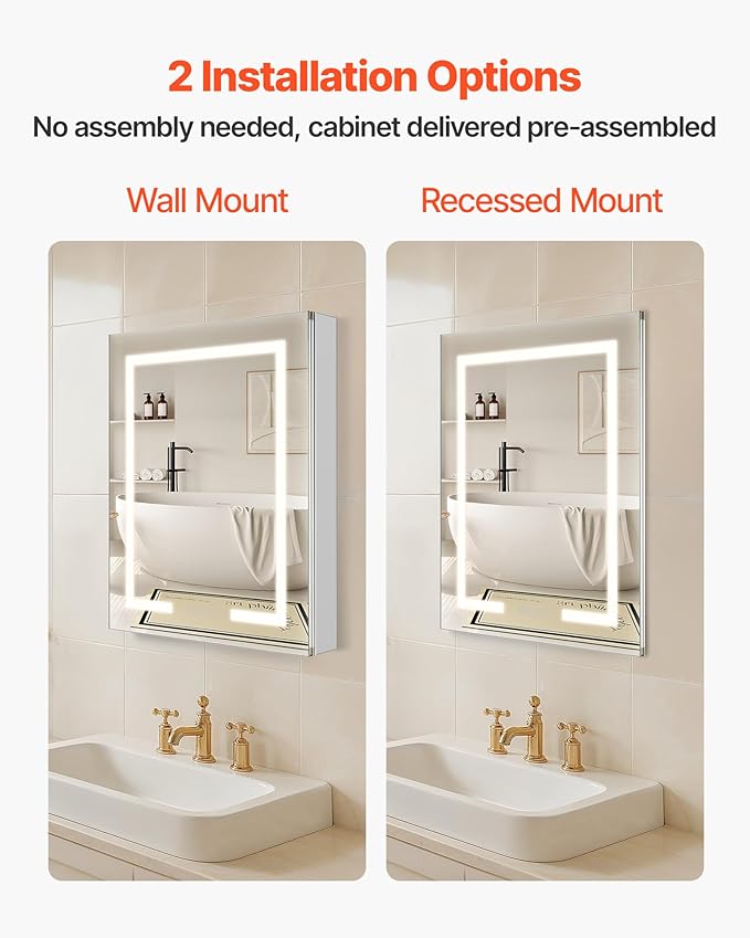 VEVOR Lighted Medicine Cabinet with Mirror, 24 x 30 in Recessed or Wall Mount, 3 Color Dimmable LED Bathroom Medicine Cabinet with HD Mirror, Clock, Adjustable Shelve Storage, Memory Defog Function