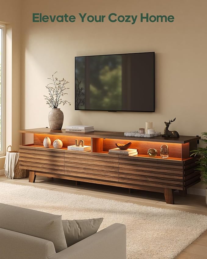 HAUOMS 70.9”TV Stand for Living Room with Cable Management, Hidden Power Station, LED Lights, Media Console up to 80", Entertainment Center, Fluted Modern TV Cabinet with Storage, Anti-Tip, Walnut
