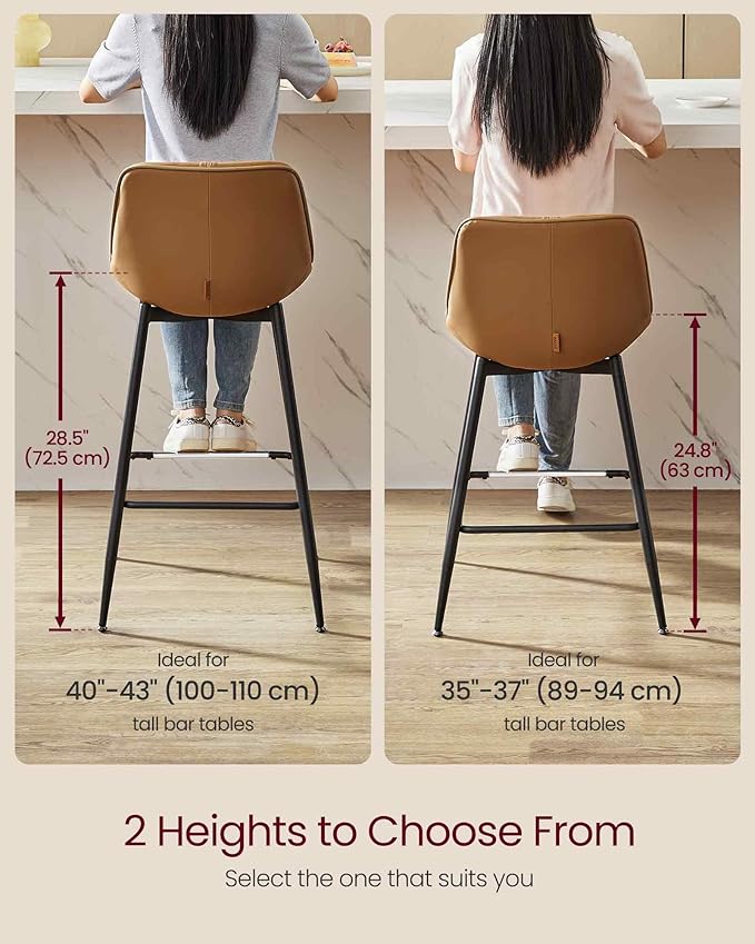 VASAGLE Bar Stools Set of 4, Bar Height Bar Stools with Back, Ergonomic Backrest, Synthetic Leather, Metal Legs, 28.5-Inch Tall Barstools for Kitchen Island Home Bar, Easy Assembly, Caramel Brown