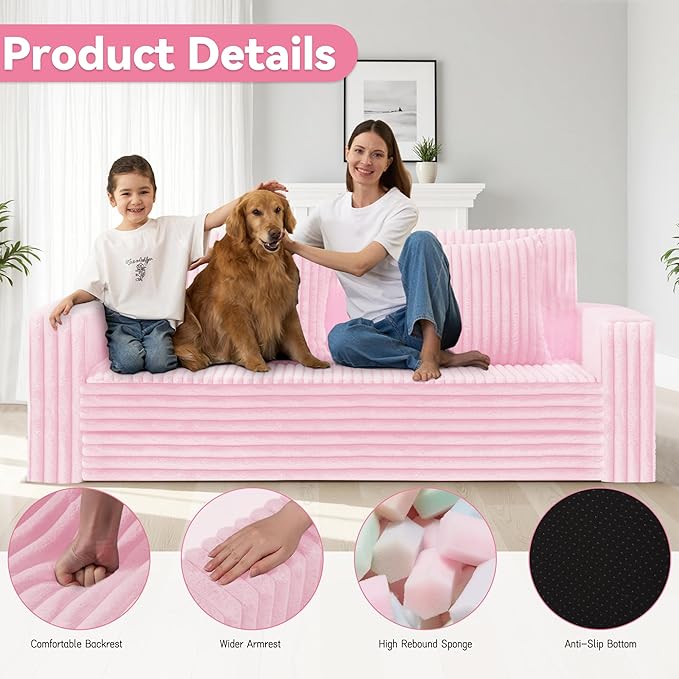 HABUTWAY 68" Loveseat Boneless Couch, 4-in-1 Convertible Sofa Bed, Plush Fur Folding Futon Sofa Bed Couches with 2 Pillows for Living Room, High-Density Foam Support, No Assembly Required, Pink
