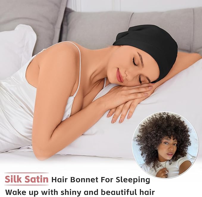 Silk Bonnet for Sleeping Women, Adjustable Silky Satin Lined Sleep Cap, Silk Hair Wrap Slouch Beanie Hat