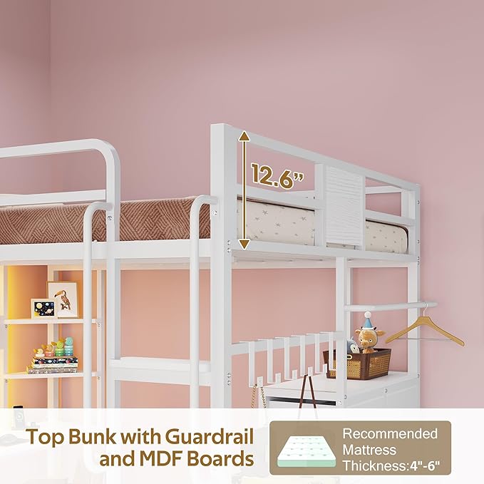 BYSAUD Full Size Loft Bed, Loft Bed with Desk, Full Loft Bed, 6 Storage Drawers & 4 Storage Shelves & 2 Storage Bags, LED Lights & Charging Station, Safety Guard & Ladder, Noise Free, White