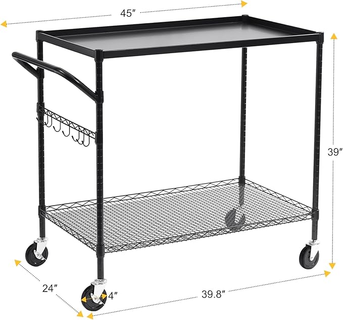 WDT 2-Tier Utility Cart with Wheels, Metal Cart with 1000LBS Capacity, NSF Heavy Duty Rolling Cart, Commercial Grade Serving Tool Storage Carts for Warehouse Garage Kitchen, 24"D x 40"W x 39"H, Black