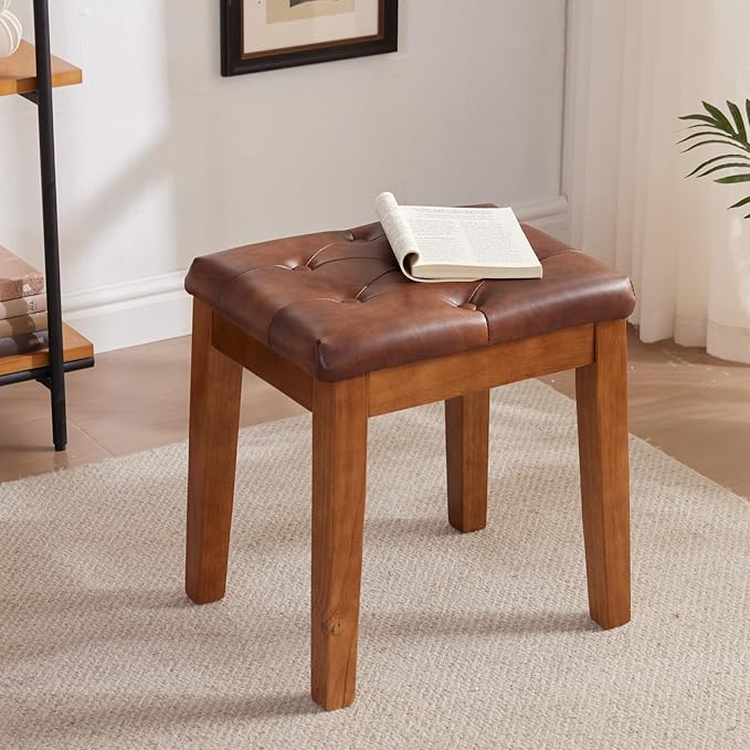 Upholstered Ottoman Stool with Padded Seat, Tufted Vanity Stool with Solid Wood Legs, Accent Stools, Faux Leather Retro Brown
