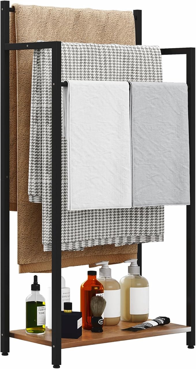 Freestanding Towel Rack, 3 Tier Blanket Ladder Stand with Rustic Brown Wooden Shelf for Bathroom Living Room (31.5" H x 16.9" W x7.9 D)