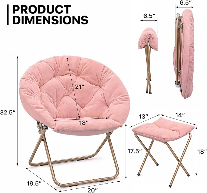 MoNiBloom Round Folding Faux Fur Saucer Chair for Bedroom Living Room Dorm Foldable Metal Frame Oversized Large Comfy Furry Padded Soft Cozy Moon Chair with Footrest Ottoman for Adults (Pink)