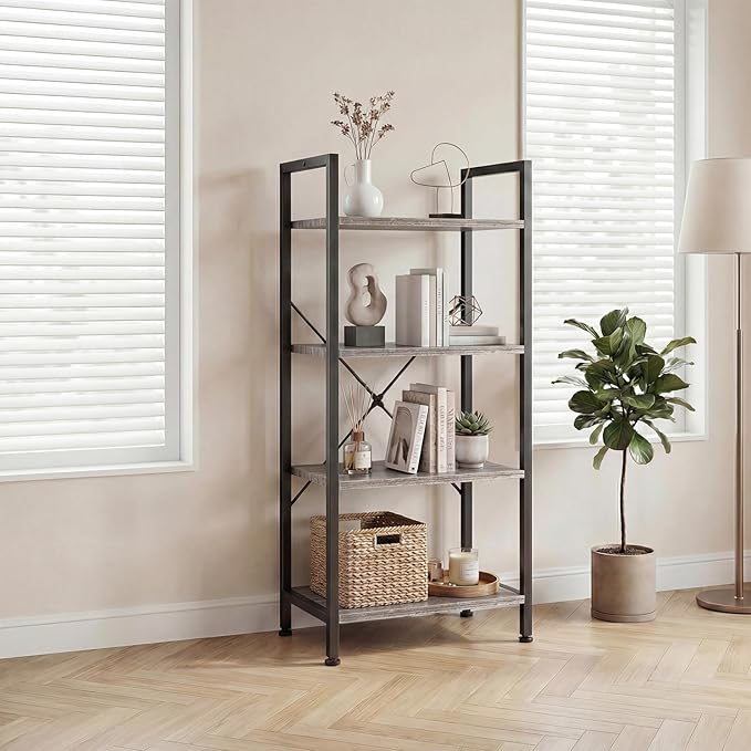 DUMOS 4 Tiers Open Bookshelf, Classic Freestanding Tall Display Shelf, Multifunctional Storage Organizer Rack for Living Room Home Office, Sturdy Bookcase for CDs/Books/Movies, Wood Grey